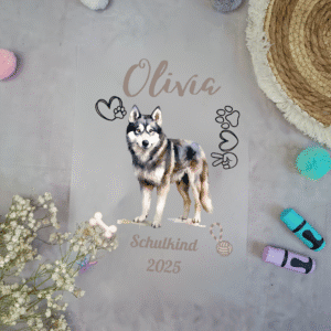 Bügelbild Husky für Schultüte – personalisiert mit Name & Datum – A4 Aufbügler für Einschulung