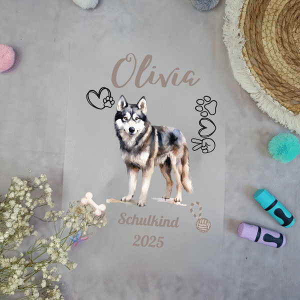 Bügelbild Husky für Schultüte – personalisiert mit Name & Datum – A4 Aufbügler für Einschulung