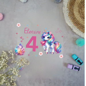 Bügelbild für Geburtstags T-shirt Regenbogen Einhorn mit Namen Zahl