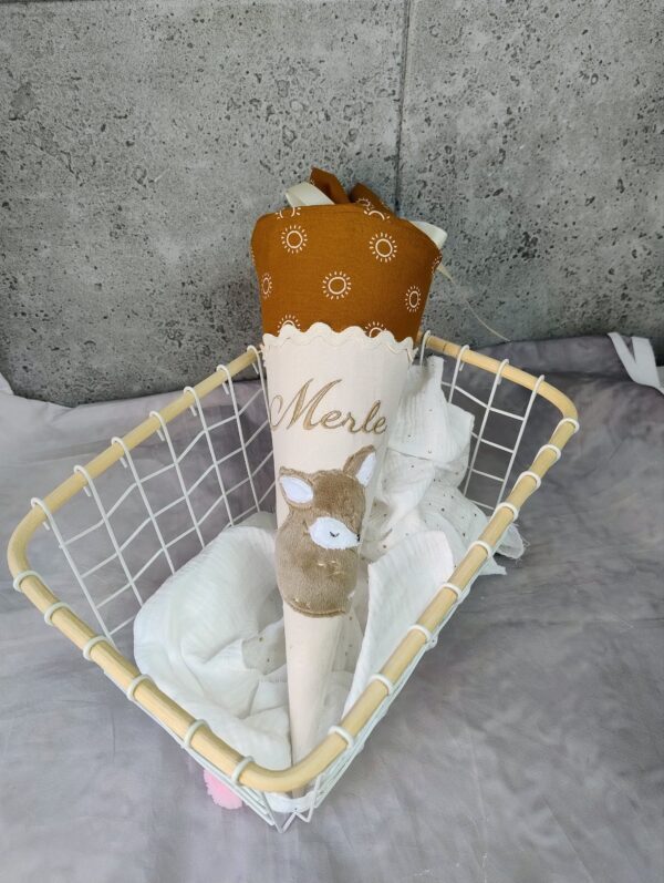 Kita Tüte Reh Stoff Geschwistertüte Boho klein mit Stickerei- Schultüte 35cm mit Papprohling Einschulung Unisex