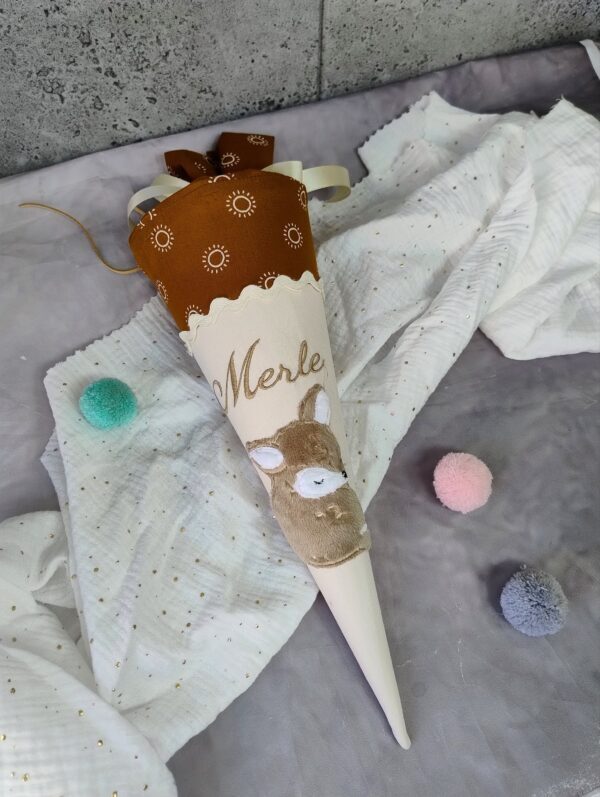 Kita Tüte Reh Stoff Geschwistertüte Boho klein mit Stickerei- Schultüte 35cm mit Papprohling Einschulung Unisex – Bild 3