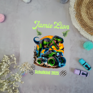 Bügelbild für Zuckertüte mit Monstertruck und T-Rex für Schultüte Name A4