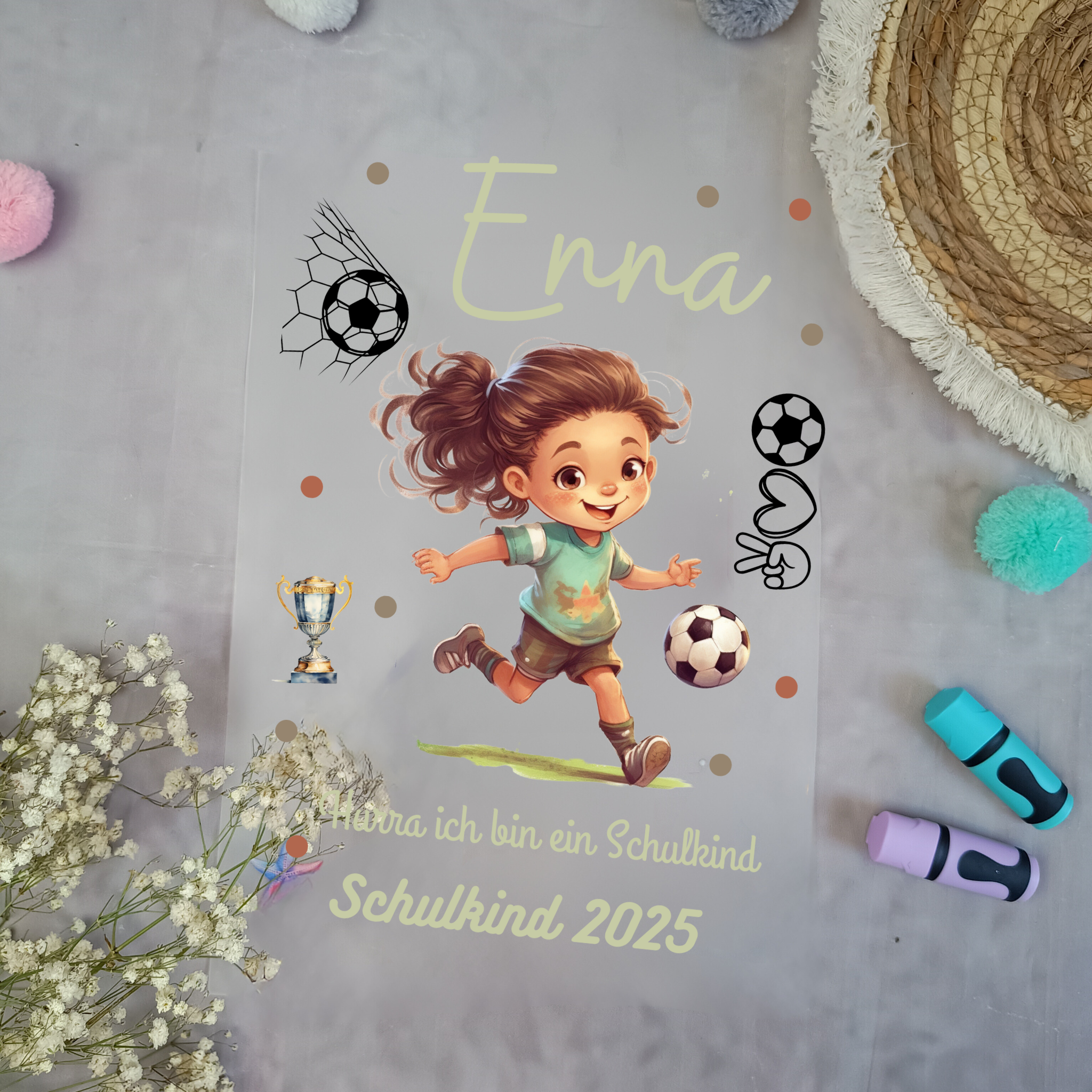 Bügelbild Fussball  Mädchen für Schultüte mit Namen