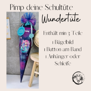 Pimp deine Schultüte Wundertüte Bügelbild A5 / Schleife Button Anhänger für die Zuckertüte