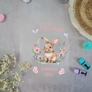 Bügelbild für schultüte Hase mir Blumenkranz A4 mit Namen und Datum