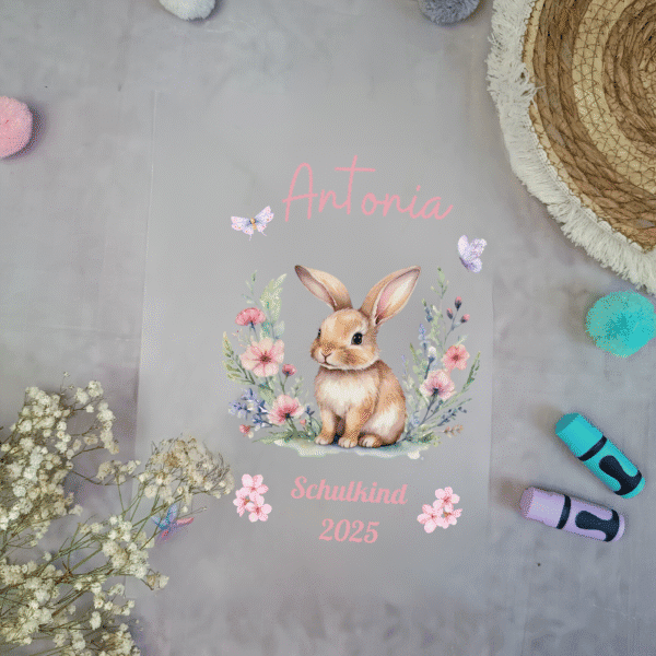 Bügelbild für schultüte Hase mir Blumenkranz A4 mit Namen und Datum