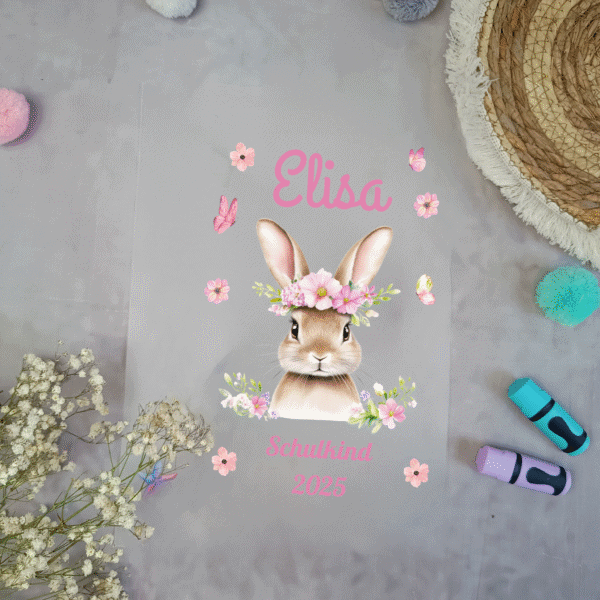 Bügelbild für schultüte Hase mit Schmetterling A4 mit Namen und Datum