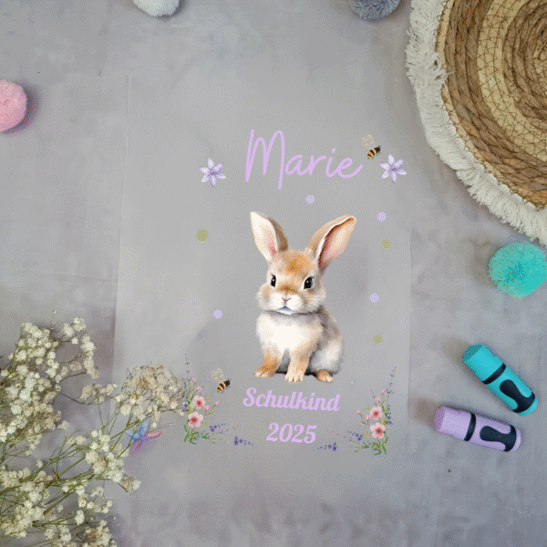 Bügelbild für schultüte Hase mit Blumenwiese A4 mit Namen und Datum