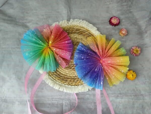 Schleife für Schultüte aus Tüll farblauf glitzer Regenbogen – Bild 2