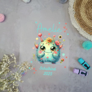Bügelbild für Schultüte Blumen Monster mit Namen / Datum A4