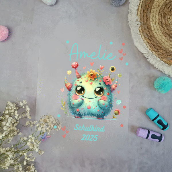 Bügelbild für Schultüte Blumen Monster mit Namen / Datum A4