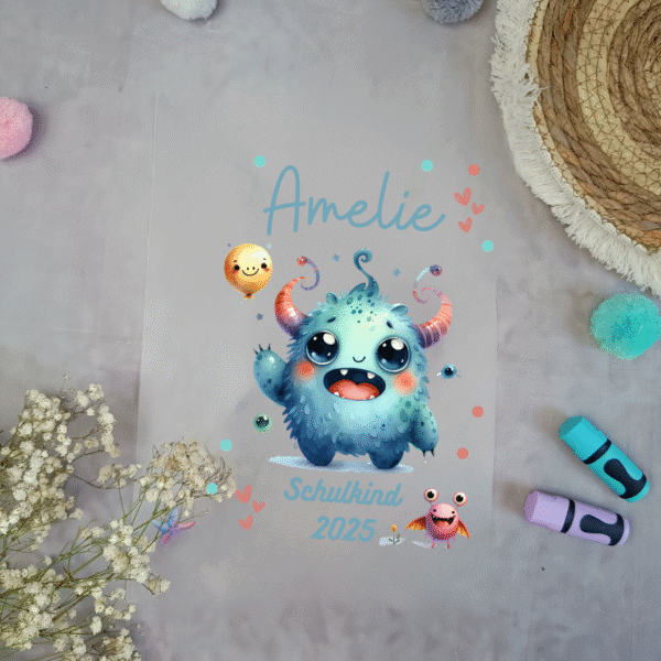 Bügelbild für Schultüte Mädchen Monster mit Namen / Datum A4