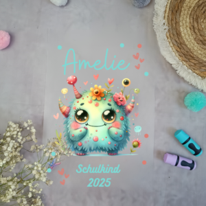 Bügelbild für Schultüte Blumen Monster mit Namen / Datum A4