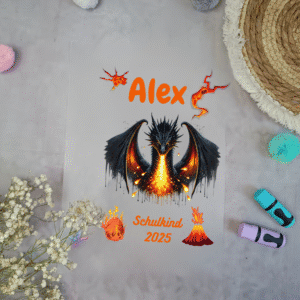Bügelbild Lava Drache mit Name & Datum – für Schultüte, A4