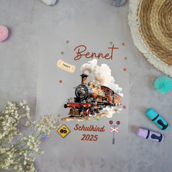 ügelbild Eisenbahn Dampflock für Schultüte mit Namen / Datum A4