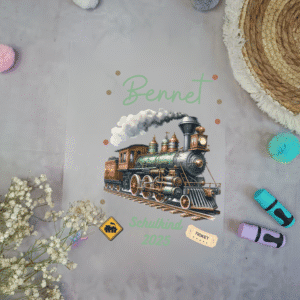 Bügelbild „Grüne Eisenbahn / Dampflock mit Name & Datum“ auf A4