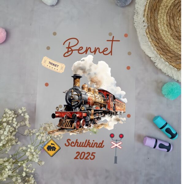 Bügelbild Eisenbahn Dampflock für Schultüte mit Namen / Datum A4