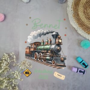 Bügelbild Eisenbahn Dampflock für Schultüte mit Namen / Datum A4