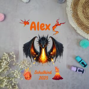 Bügelbild Lava Drache  für Schultüte mit Namen / Datum A4