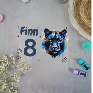 Bügelbild Geburtstag Panther Kopf mit Name &Zahl | A5 | Personalisiert | Einzeln ausschneidbar | für Shirt, Schultüte, Stoff