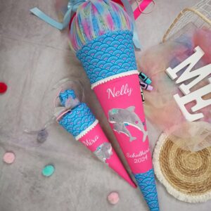 Schultüte zum Dolphin Pippa mit Delfin Zuckertüte mit Tüll zum Ranzen mit Namen