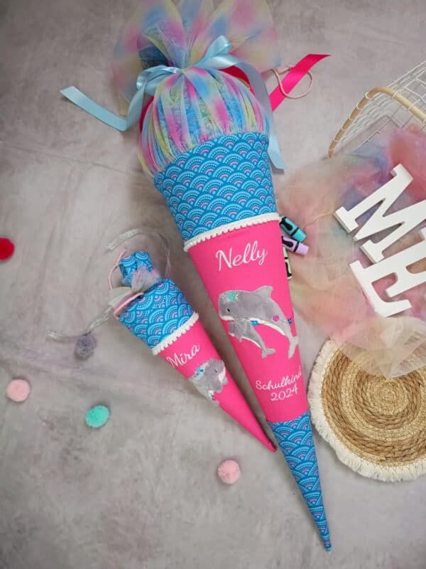 Schultüte zum Dolphin Pippa mit Delfin Zuckertüte mit Tüll zum Ranzen mit Namen