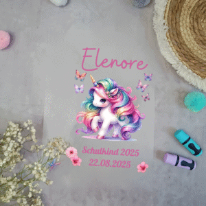 Bügelbild für schultüte Einhorn A4 mit Name Schulkind Regenbogen Bunt