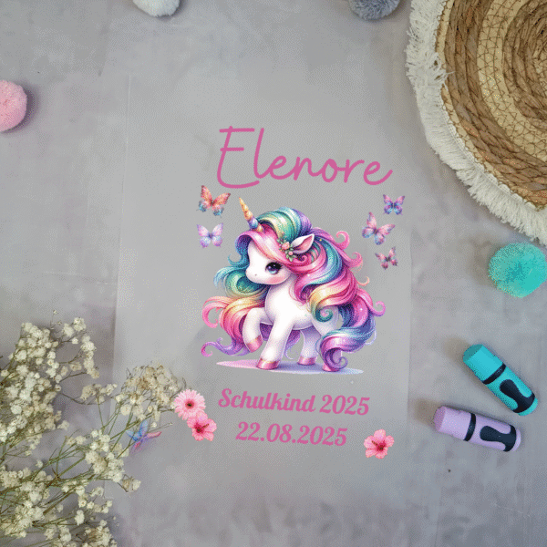 Bügelbild für schultüte Einhorn A4 mit Name Schulkind Regenbogen Bunt