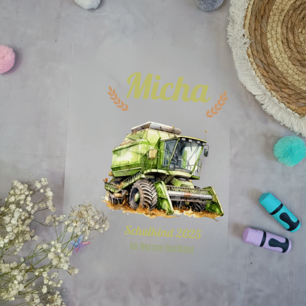 Bügelbild für Schultüte Mähdrescher Grün mit Namen A4