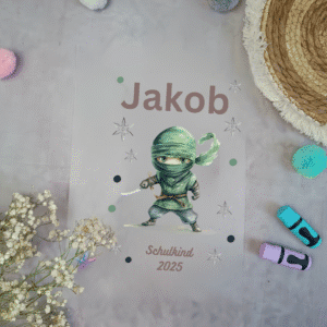 Bügelbild Ninja Grün für Schultüte mit Namen / Datum A4