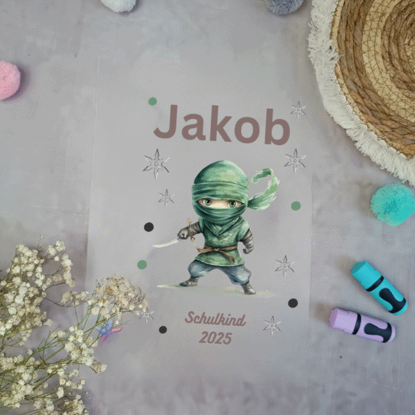 Bügelbild Ninja Grün für Schultüte mit Namen / Datum A4