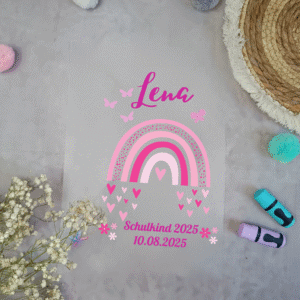 Bügelbild für Schultüte Regenbogen Pink mit Herzen mit Namen / Datum A4