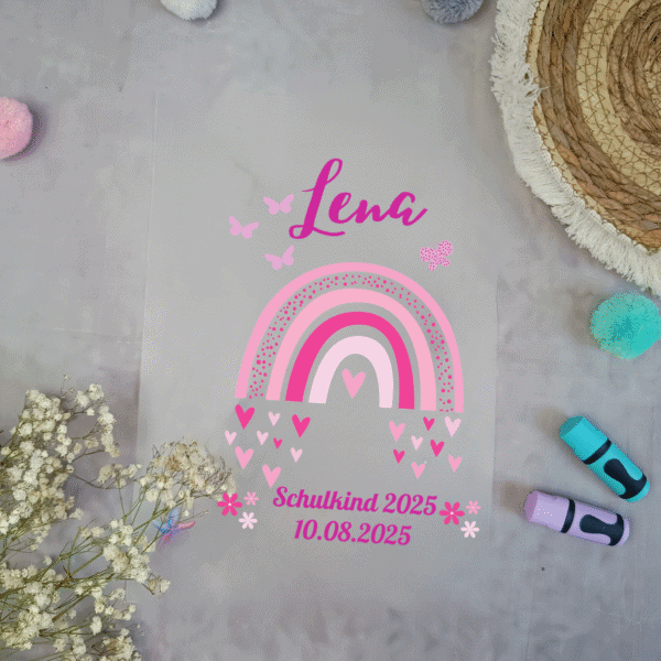 Bügelbild für Schultüte Regenbogen Pink mit Herzen mit Namen / Datum A4