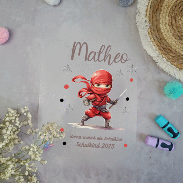 Bügelbild Ninja Rot für Schultüte mit Namen A4