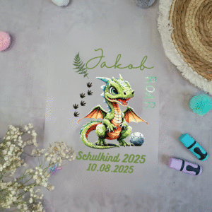 Bügelbild Drache grün für Schultüte mit Namen A4