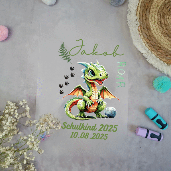Bügelbild Drache grün für Schultüte mit Namen A4