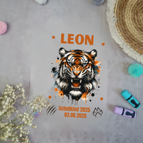 Bügelbild für Schultüte Tiger mit Namen / Datum A4