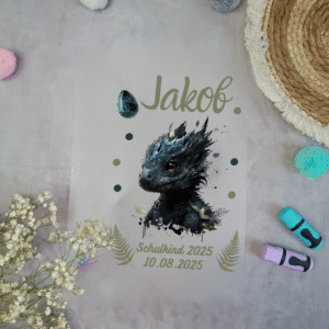 Bügelbild Drache Echse Schultüte personalisiert mit Name & Datum | A4 Aufbügler Einschulung