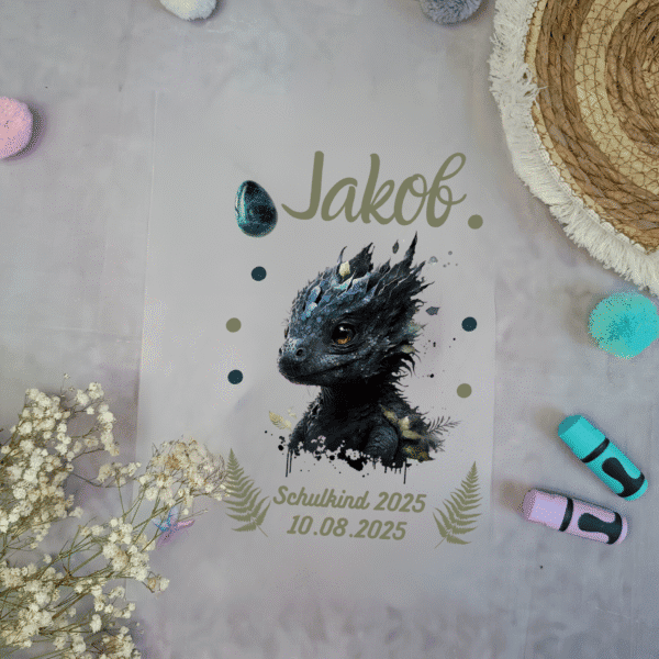 Bügelbild Drache Echse Schultüte personalisiert mit Name & Datum | A4 Aufbügler Einschulung