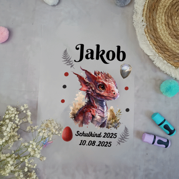 Bügelbild für Schultüte "Roter Drache" Mit Namen / A4