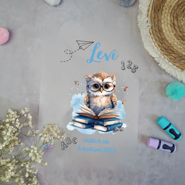 Bügelbild für schultüte Eule mit Büchern und Brille mit Namen / Datum A4