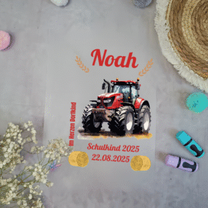 Bügelbild Traktor Rot für Schultüte mit Namen / Datum A4