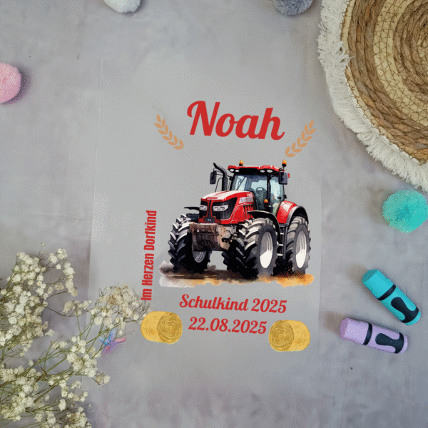 Bügelbild Traktor Rot für Schultüte mit Namen / Datum A4