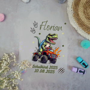 Bügelbild Monstertruck T Rex für Schultüte mit Namen A4