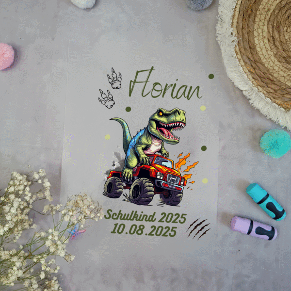 Bügelbild Monstertruck T Rex für Schultüte mit Namen A4