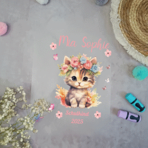 Bügelbild für Schultüte Katze mit Blumen mit Namen / Datum A4