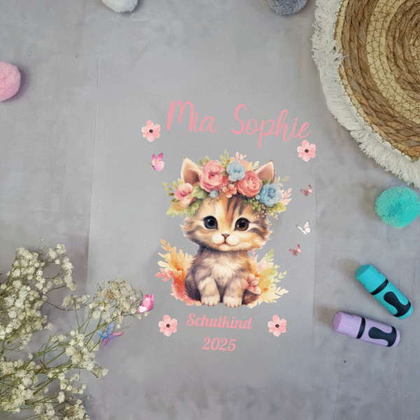 Bügelbild für Schultüte Katze mit Blumen mit Namen / Datum A4