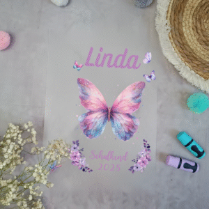 Bügelbild für Schultüte Schmetterling Lila Beere mit Namen A4