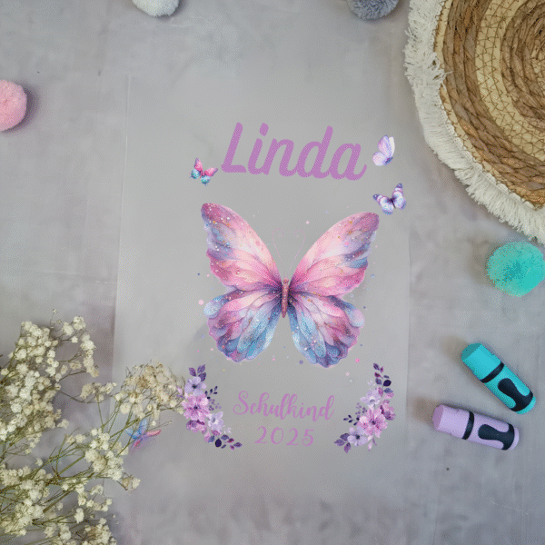 Bügelbild für Schultüte Schmetterling Lila Beere mit Namen A4