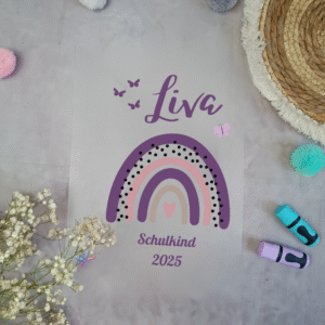 Bügelbild für Schultüte Regenbogen Lila mit Schmetterlingen mit Namen / Datum A4
